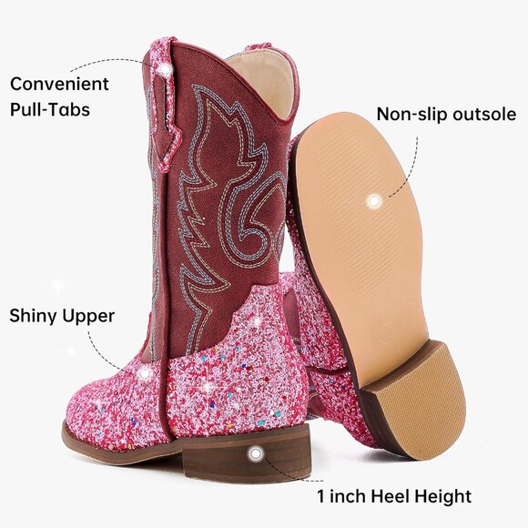 Kids Pink Sequins Boots Glitter Toddler Little Big Mid Calf Western Riding Shoes - Picture 5 of 7
